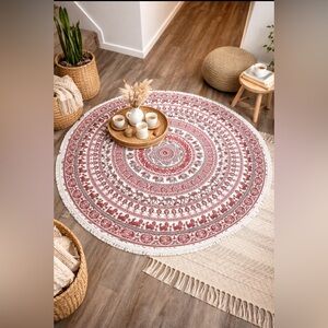 Round Red and White 100% Cotton Mandala Tapestry Made in India - 70” Diameter